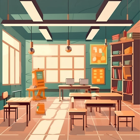Interior of school classroom with furniture and bookshelf. Vector illustrationの素材