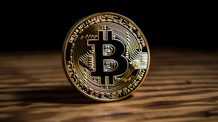 Golden bitcoin on wooden background. Cryptocurrency concept. 3D Renderingの素材