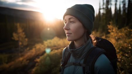 Portrait of a beautiful young woman hiker in the mountains.の素材