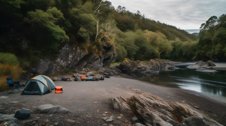 Camping on the shore of a mountain river in the autumn.の素材