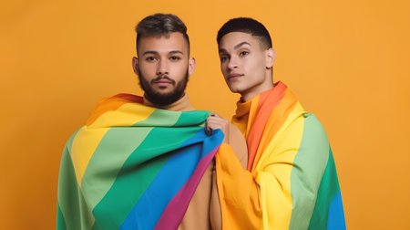 Two young gay men wrapped in a colorful blanket looking at the cameraの素材