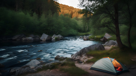Camping tent on the bank of a mountain river in the forestの素材