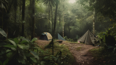 Camping in the jungle with tents and trees in the background.の素材