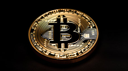 Bitcoin. Cryptocurrency. Golden bitcoin on a black background.の素材