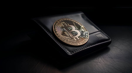 Bitcoin cryptocurrency coin on black leather wallet. Cryptocurrency concept.の素材