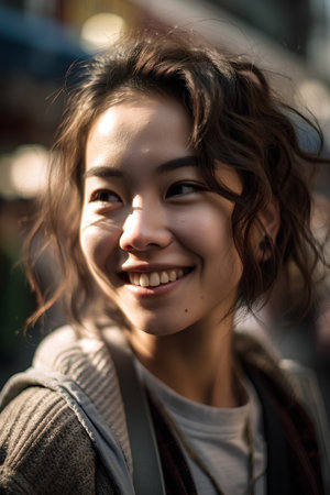 Close up portrait of a young beautiful asian woman smiling in the cityの素材