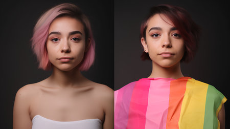 Before and after retouching of young Asian woman with pink hair.の素材