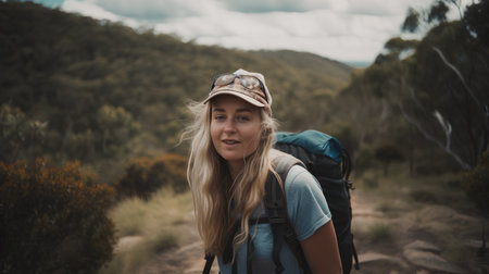 Portrait of a beautiful young woman with backpack hiking in the countrysideの素材