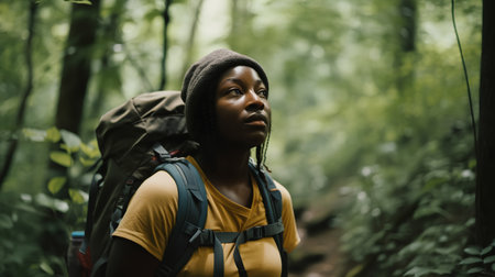 Young african american woman hiker with backpack in forest.の素材