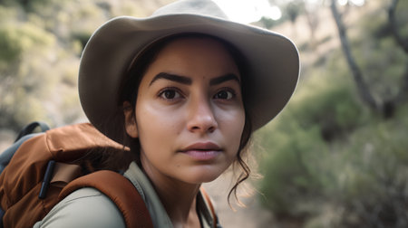 Portrait of a beautiful woman hiker with backpack looking at cameraの素材