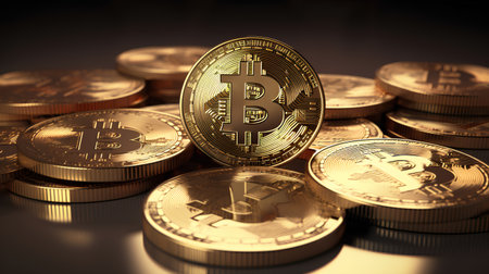 Bitcoin coins. Cryptocurrency concept. 3d illustration. Virtual money.の素材