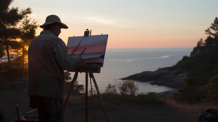 Artist painting on the beach in the evening. Sunset over the sea.の素材