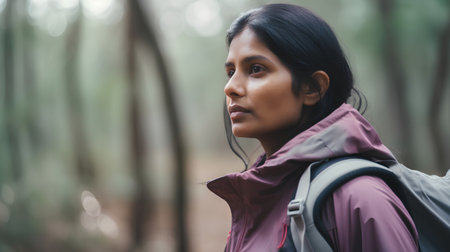 Asian woman with backpack hiking in the forest. Travel and adventure concept.の素材