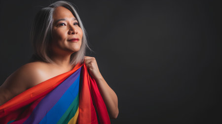 Portrait of a beautiful asian woman holding a rainbow flag on black backgroundの素材