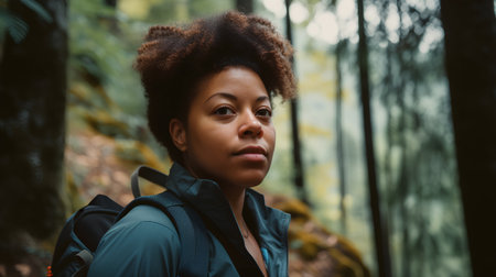 Portrait of young african american woman with backpack in forest.の素材