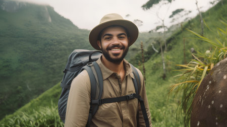 Portrait of a happy young man with backpack hiking in the mountainsの素材
