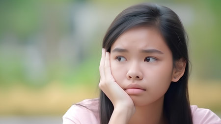 Young Asian woman with toothache in the park, shallow DOFの素材
