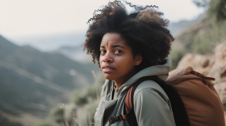 Portrait of a young african american woman with curly hair looking away while hiking in natureの素材