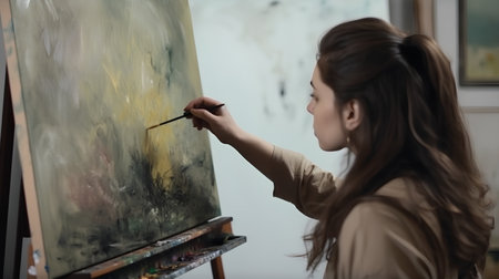 Young woman painting on canvas in art studio, closeup view.の素材