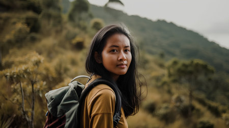 Portrait of a young asian woman with backpack hiking in the mountainsの素材