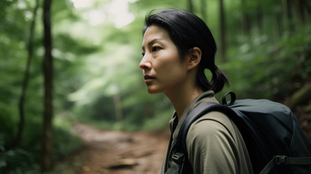 Asian woman hiking in the forest. Female hiker walking in forest.の素材