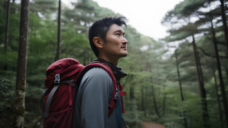 young asian man with backpack hiking in forest, lifestyle people conceptの素材