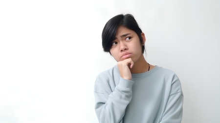 Portrait of young asian woman thinking and looking up on white backgroundの素材