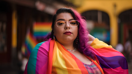 Portrait of a beautiful young woman with rainbow hair in the city.の素材