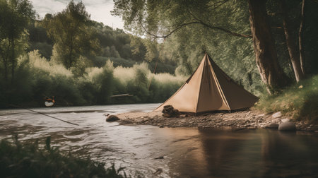 Camping tent on the bank of a mountain river. Camping in the forest.の素材