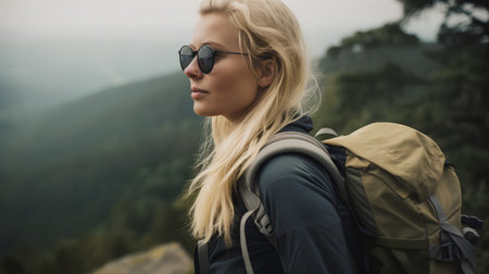 Young woman hiker with backpack on top of a mountain enjoying the viewの素材