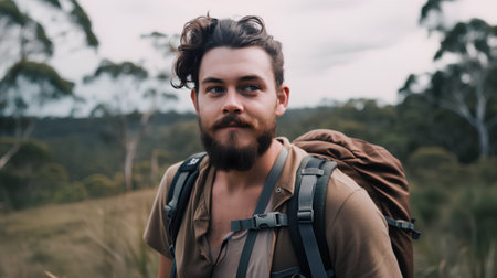 Handsome young man with beard and mustache hiking in the countrysideの素材