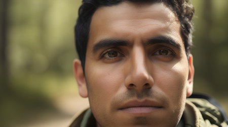 Close-up portrait of young man looking at camera in forest.の素材