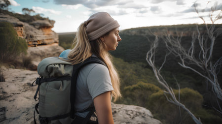 Back view of a young woman hiking in the Australian Outback.の素材