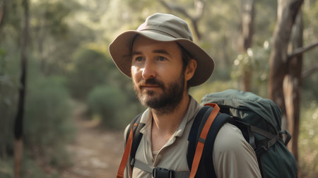 Handsome young man with a beard and mustache hiking in the Australian bushの素材