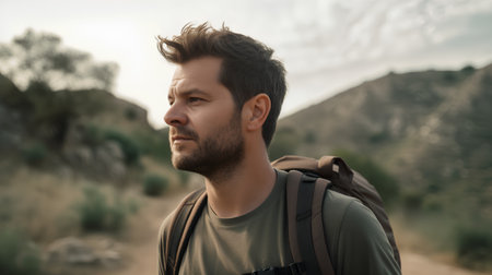 Handsome young man with backpack hiking in mountains. Travel and adventure concept.の素材