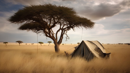 tent in the savannah of africa with acacia treeの素材
