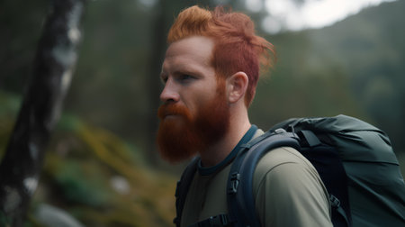 Portrait of a red-haired male hiker with a backpack in the forest.の素材