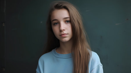 Portrait of a beautiful girl with long hair in a blue sweatshirtの素材
