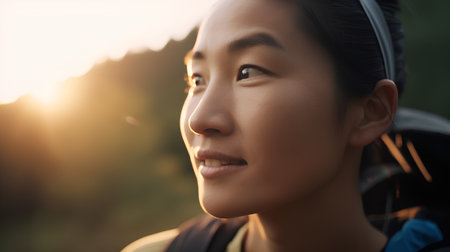 Portrait of a young woman looking away while standing outdoors at sunsetの素材