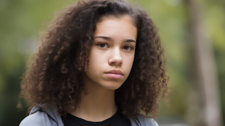 Close up portrait of a beautiful young mixed race woman with curly hairの素材