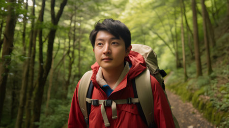 young asian man backpacker hiking in a forest trail in summerの素材