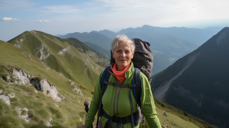 Mature woman hiker with backpack on the top of a mountainの素材