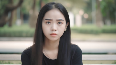 portrait of a beautiful asian woman with black t-shirtの素材