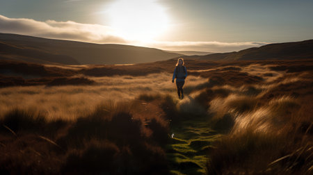 Woman hiking on a footpath at sunset in the Scottish Highlands.の素材