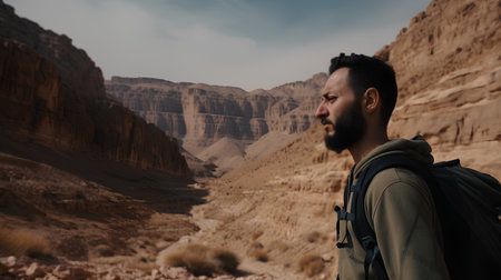 Young man with backpack hiking in Wadi Rum desert, Jordan.の素材