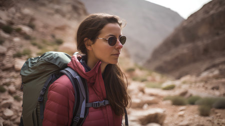 Young woman with backpack and sunglasses in the mountains of Petra, Jordanの素材