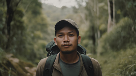 Portrait of a young asian man with backpack in the forestの素材