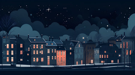 Night city street with houses and trees. Vector illustration in flat style.の素材