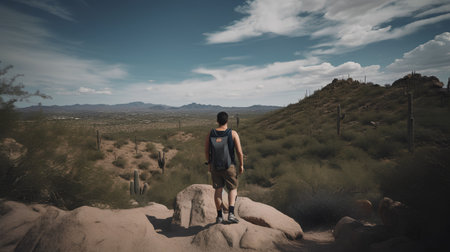 Young man standing on top of a rock in the Arizona desert.の素材