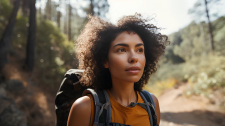 Portrait of a young woman with afro hairstyle looking away while hiking in the forestの素材